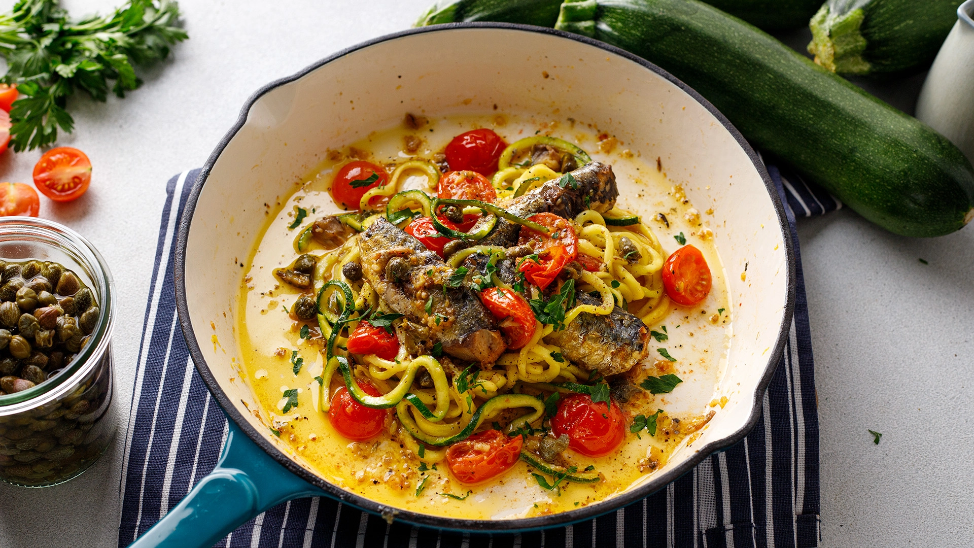 Keto Sardine Zoodles with Tomato & Capers freelance food photographer