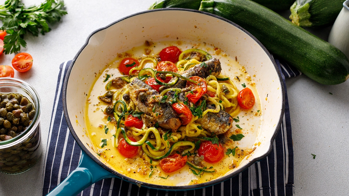 Keto Sardine Zoodles with Tomato & Capers